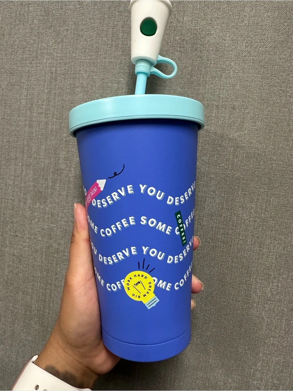 Starbucks Blue Tumbler with Light Blue Lid and Multicolor Accents